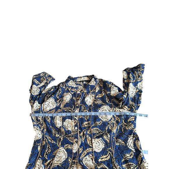 Nic + Zoe Blouse Blue Tan Button Up Short‎ Sleeve Silk Blend Lightweight Size XL - Picture 10 of 12